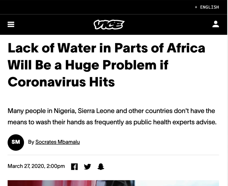 Socrates Mbamalu - Lack of Water in Parts of Africa Will Be a Huge Problem if Coronavirus Hits